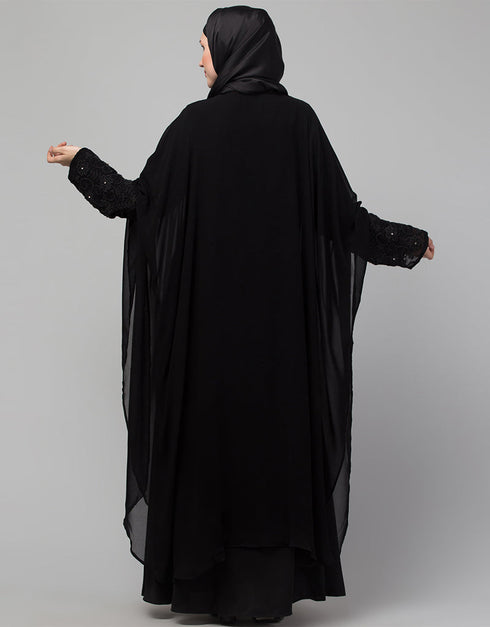 Dubai Black Shine Nida Black Embroidery Abaya Front View
